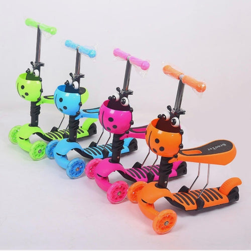 Colorful children's scooters with insect designs on a white background