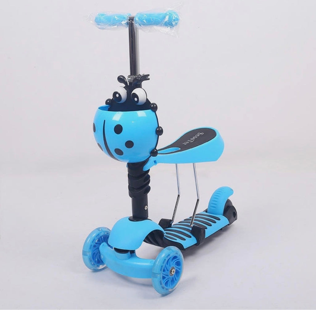 Children's scooter with blue handlebar and wheels on a light gray background