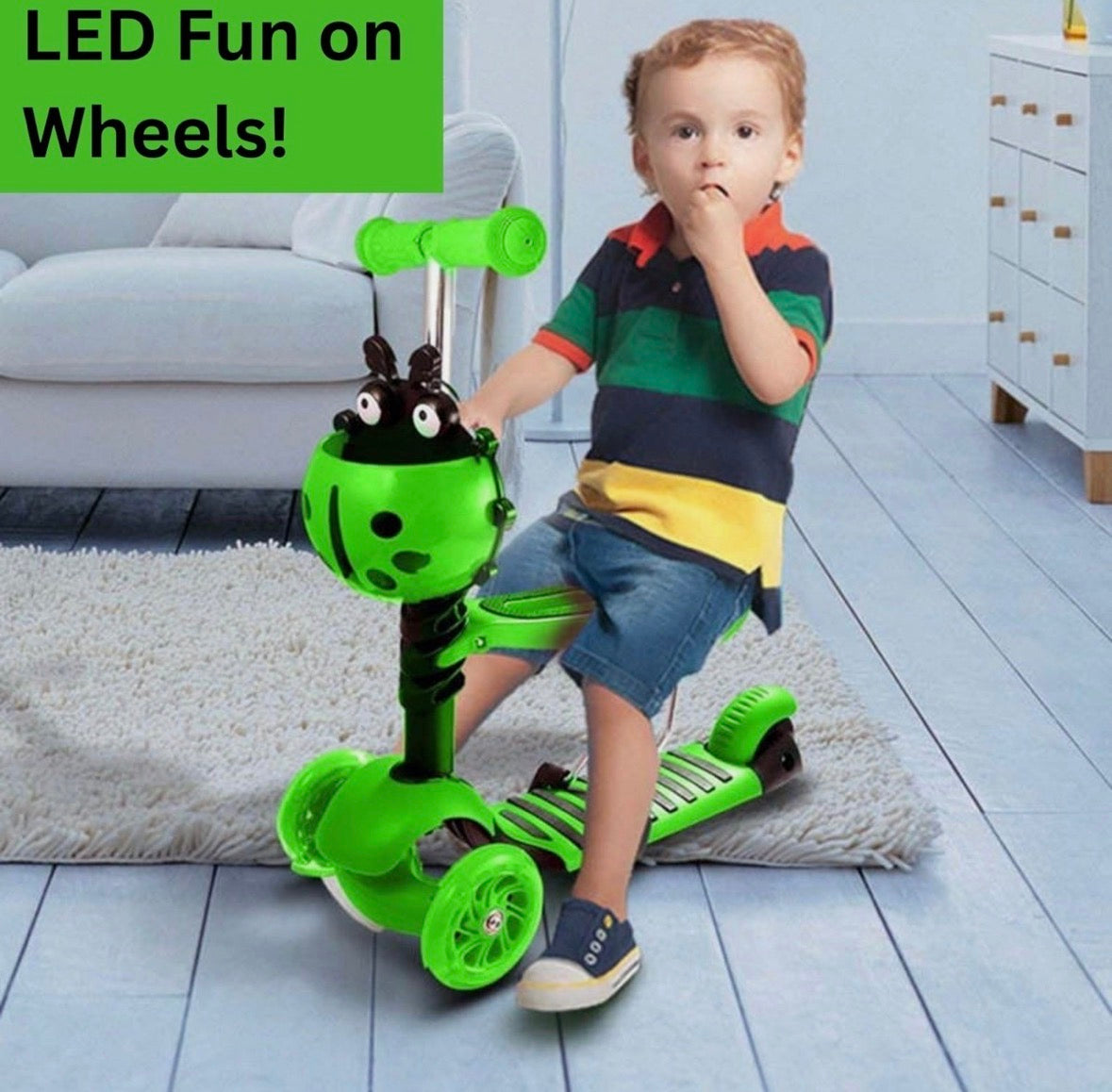 5 in 1 Kids Push Scooter 3 Wheels Adjustable Height Removable Seat LED Flashing