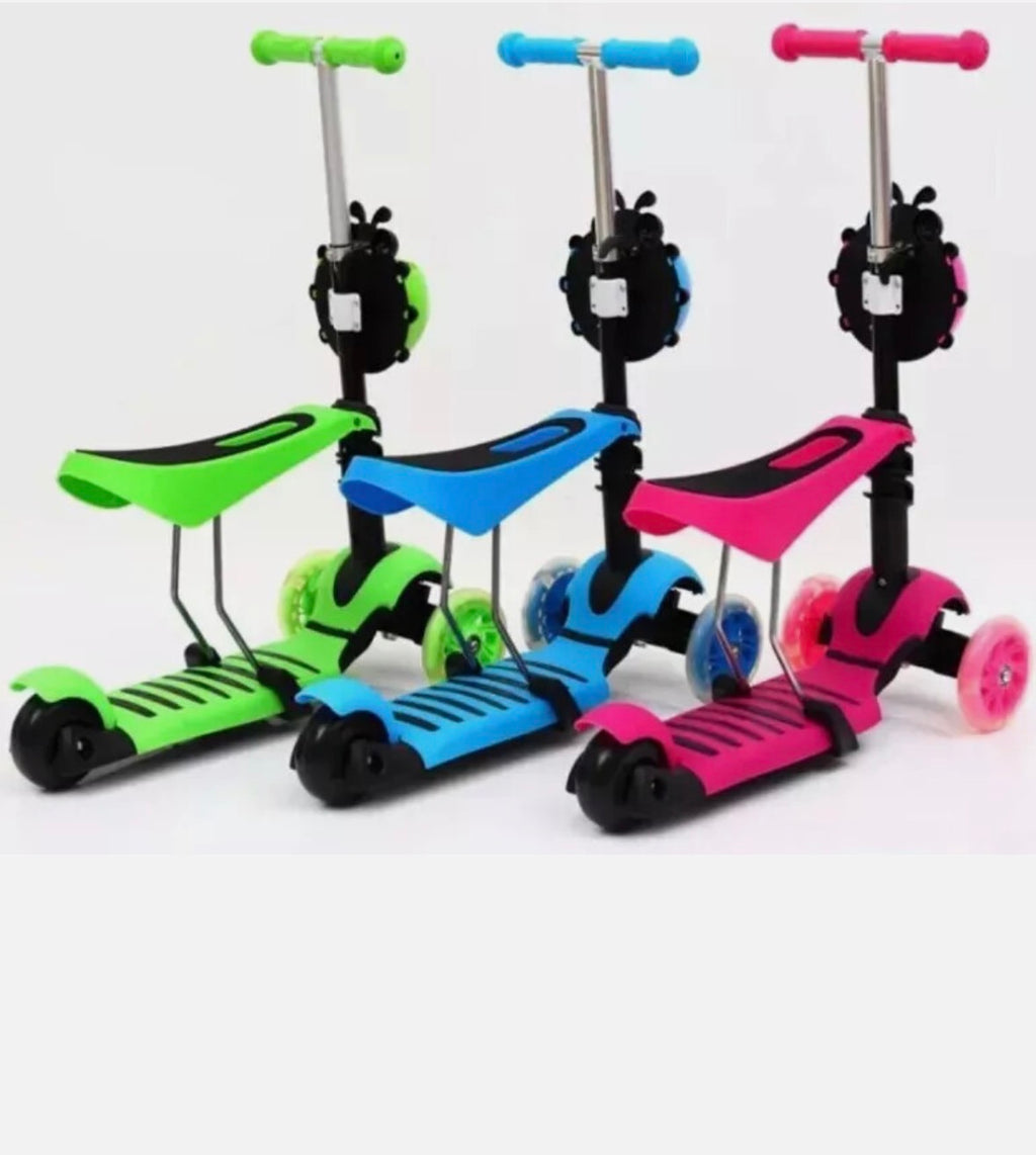 5 in 1 Kids Push Scooter 3 Wheels Adjustable Height Removable Seat LED Flashing