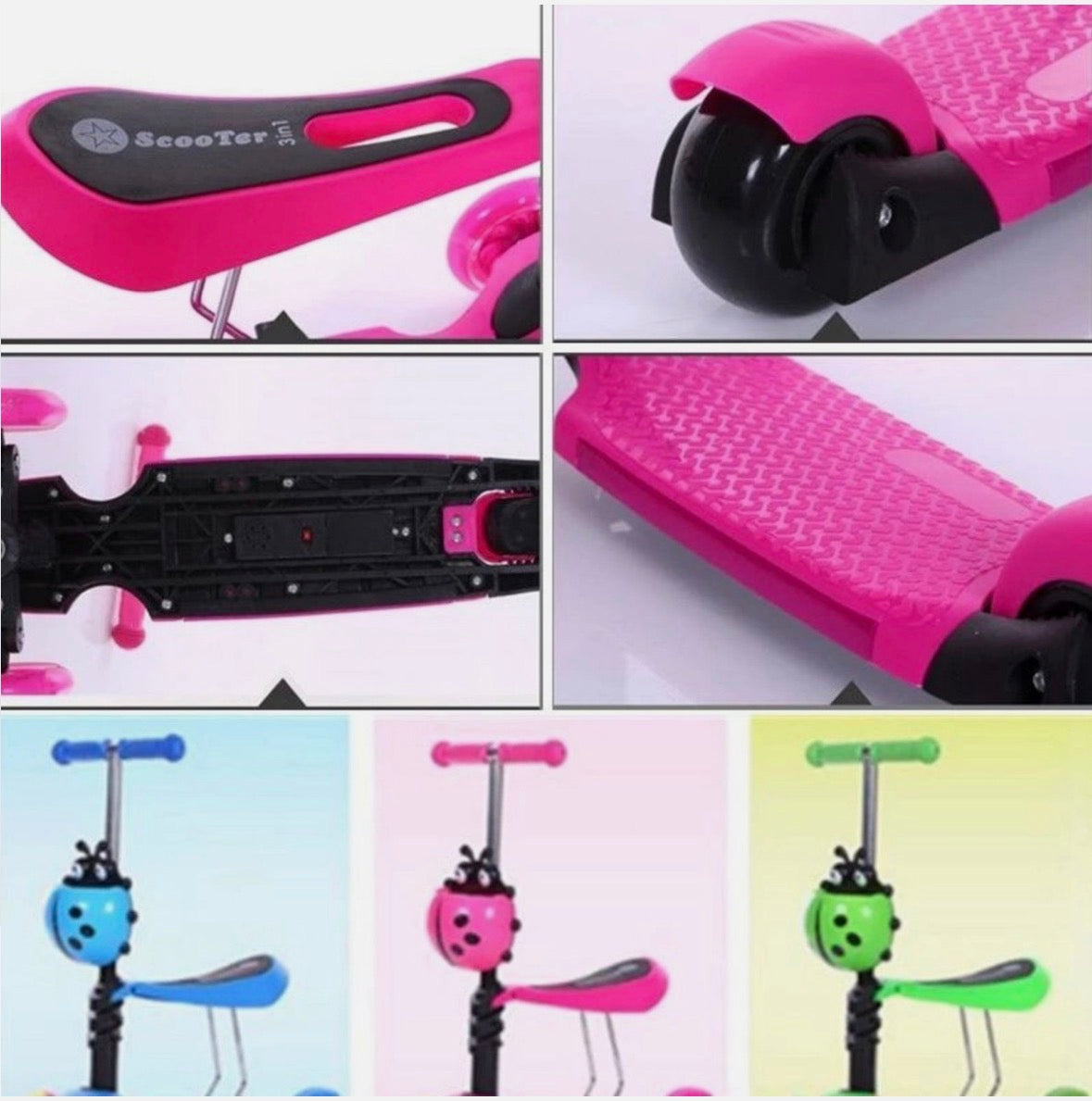 5 in 1 Kids Push Scooter 3 Wheels Adjustable Height Removable Seat LED Flashing